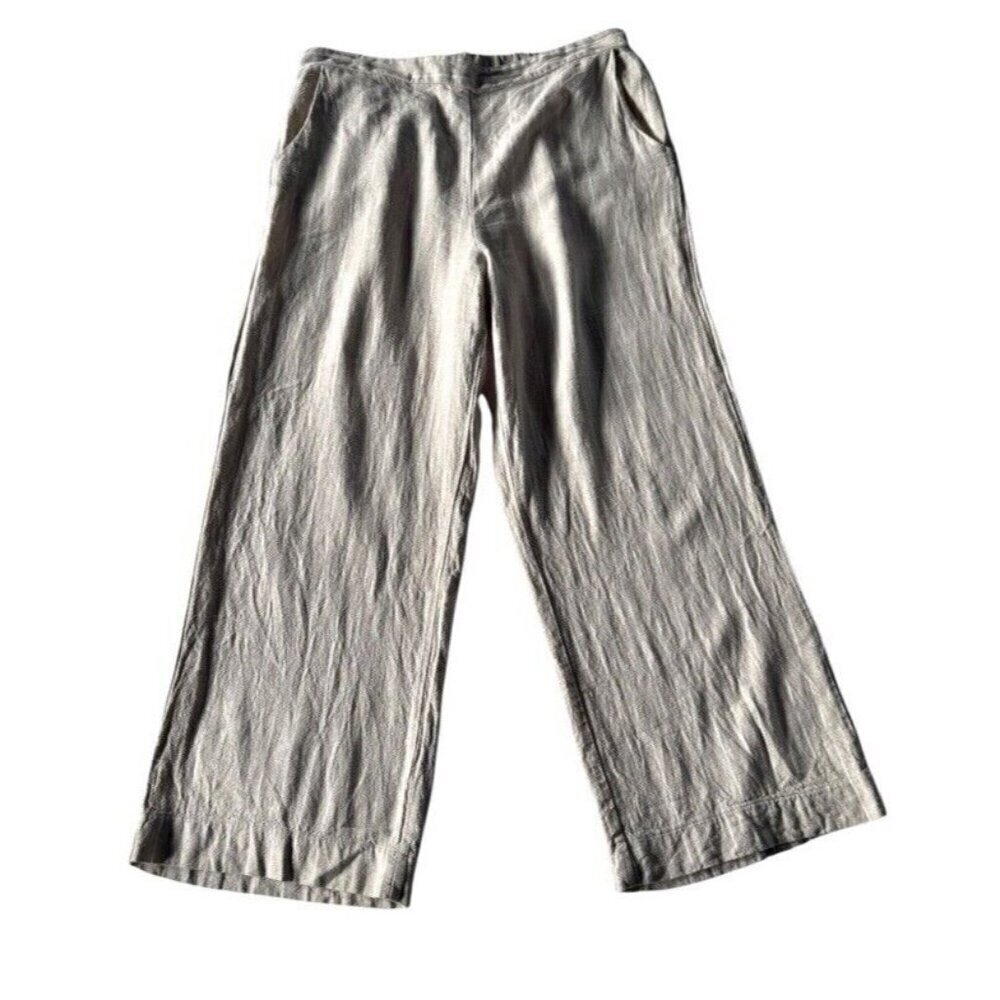 Joie Women's Sz L Beige Striped Linen Blend Wide Leg Pull On Pants